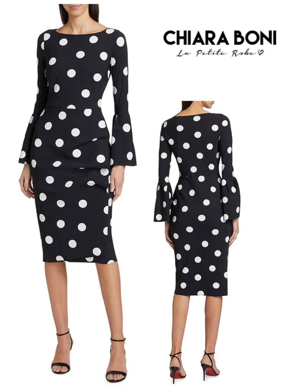 NWOT Chiara Boni Addax Black and White Polka Dot Cocktail Midi Dress